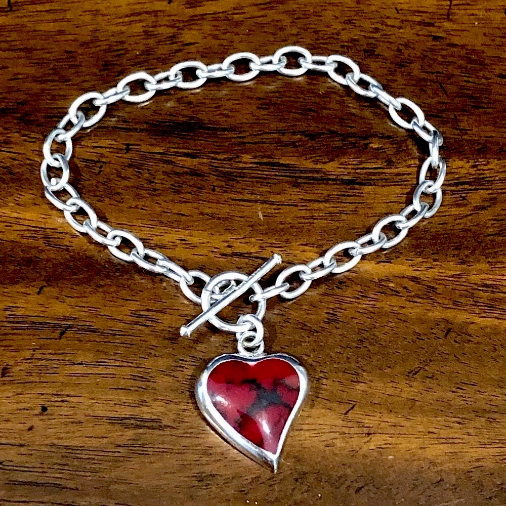 TAXCO Sterling Silver Red Jasper Heart Charm Rolo Bracelet